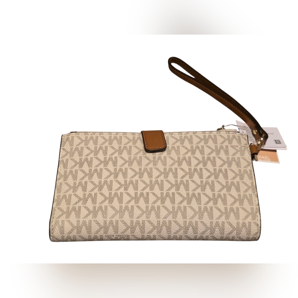 Michael Kors Beige Logo Wristlet with Brown Strap